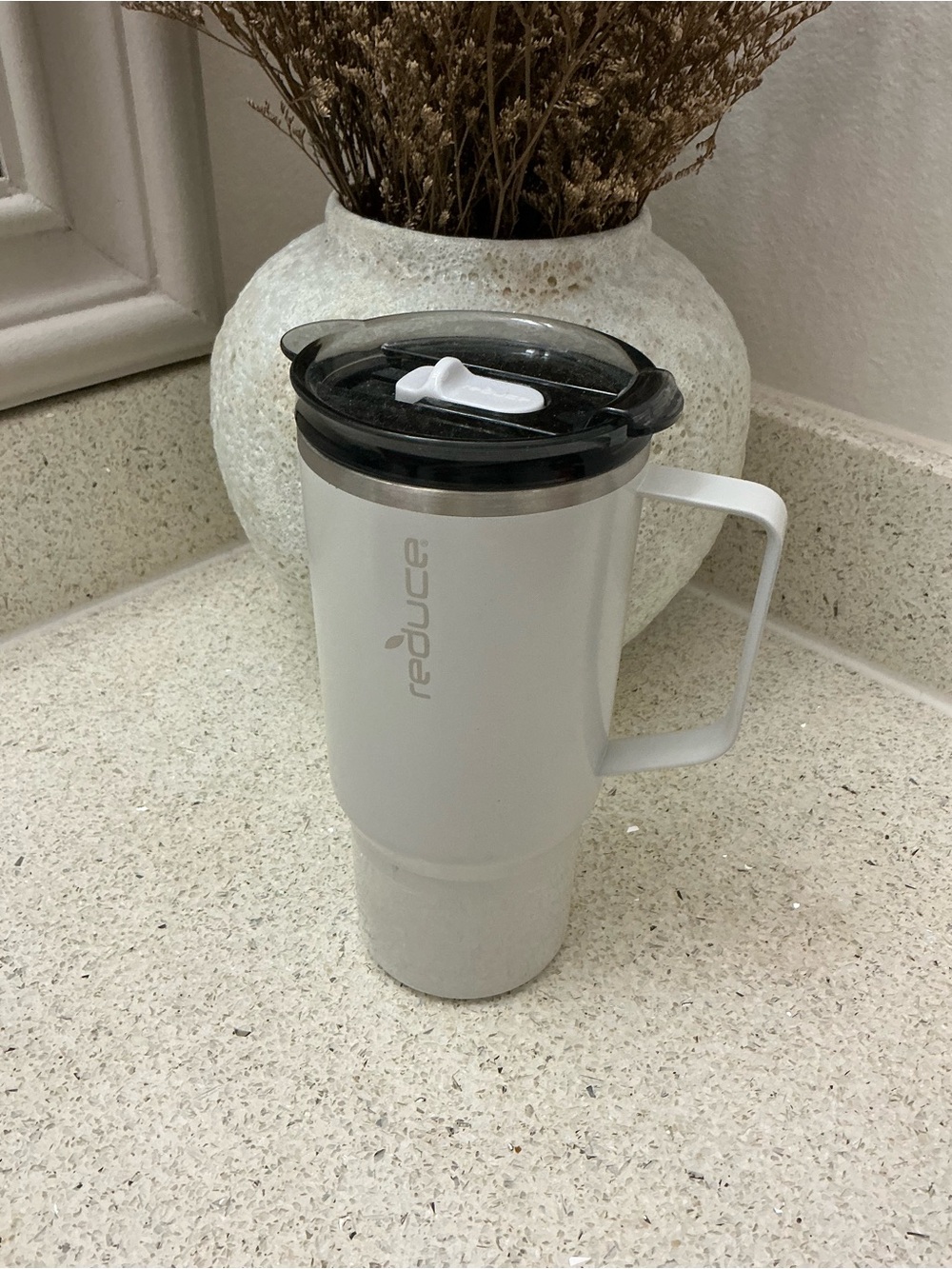 Reduce White Insulated Travel Mug with Handle
